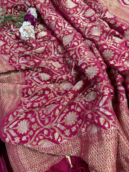 Stunning Pinkish Red Banarasi Handloom Pure Georgette Sona Roopa Dupatta - Luxurion World