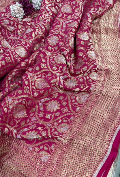 Stunning Pinkish Red Banarasi Handloom Pure Georgette Sona Roopa Dupatta - Luxurion World