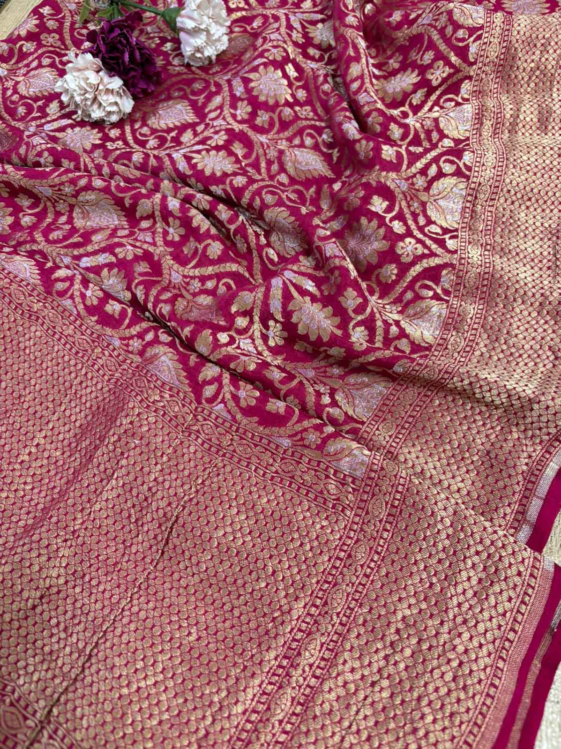 Stunning Pinkish Red Banarasi Handloom Pure Georgette Sona Roopa Dupatta - Luxurion World