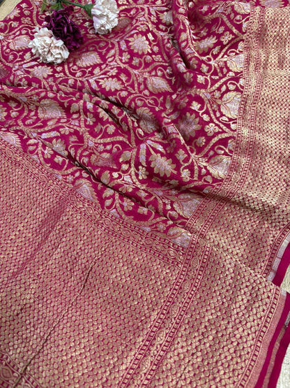 Stunning Pinkish Red Banarasi Handloom Pure Georgette Sona Roopa Dupatta - Luxurion World