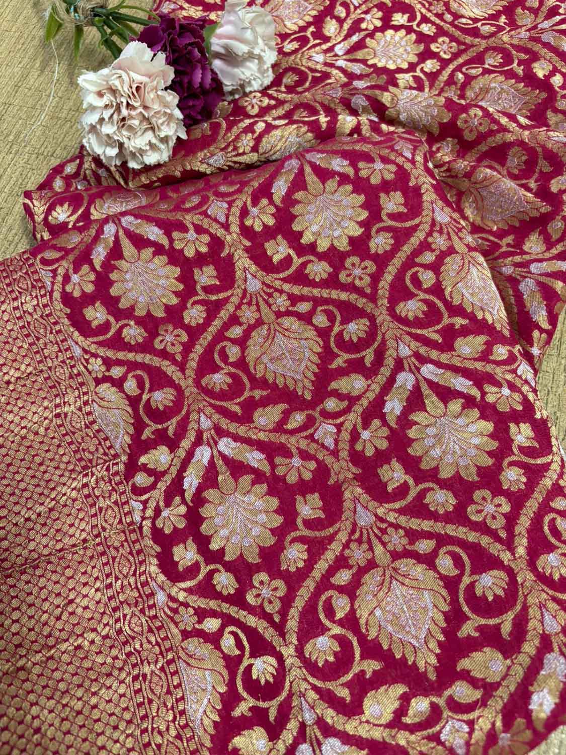 Stunning Pinkish Red Banarasi Handloom Pure Georgette Sona Roopa Dupatta - Luxurion World