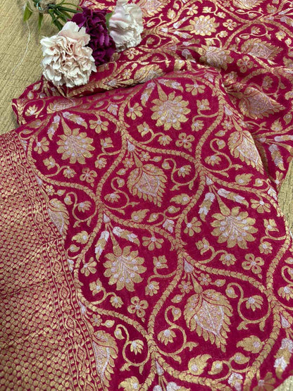 Stunning Pinkish Red Banarasi Handloom Pure Georgette Sona Roopa Dupatta - Luxurion World
