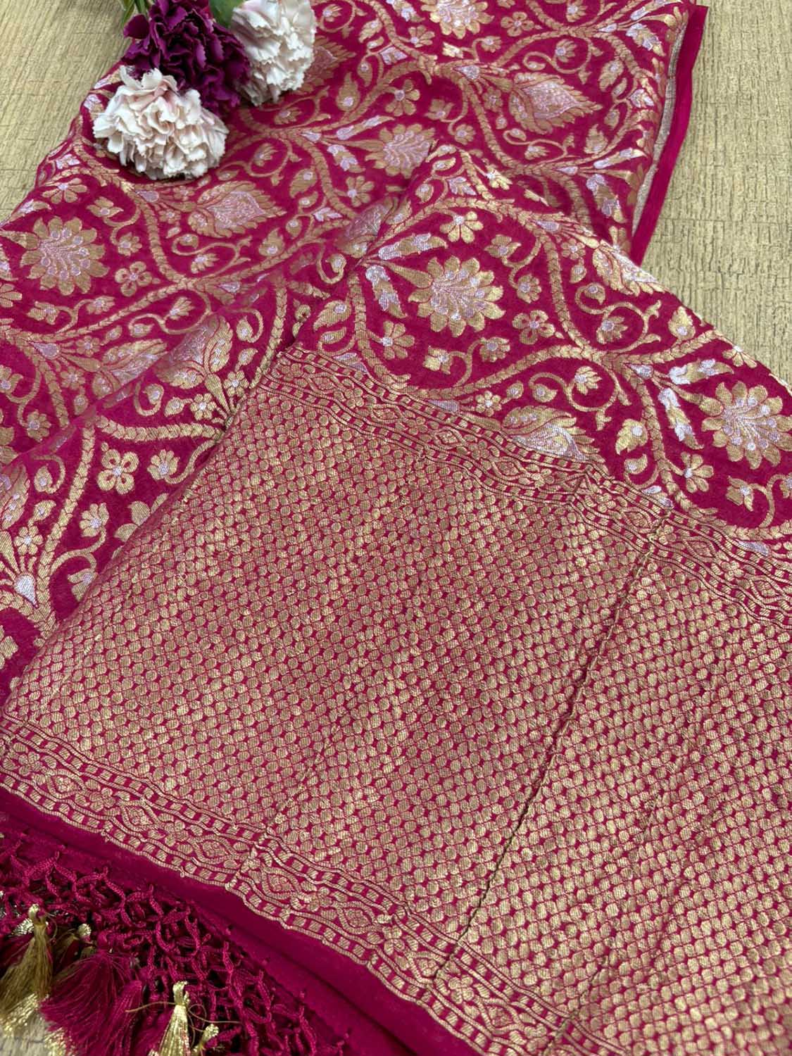 Stunning Pinkish Red Banarasi Handloom Pure Georgette Sona Roopa Dupatta - Luxurion World