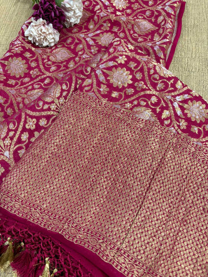 Stunning Pinkish Red Banarasi Handloom Pure Georgette Sona Roopa Dupatta - Luxurion World