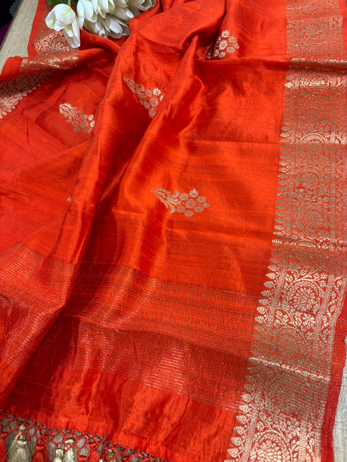 Orange Banarasi Handloom Raw Silk Dupatta - Elegant and Timeless - Luxurion World