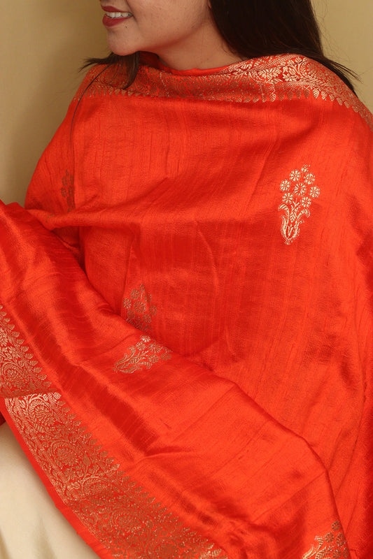 Orange Banarasi Handloom Raw Silk Dupatta - Elegant and Timeless - Luxurion World