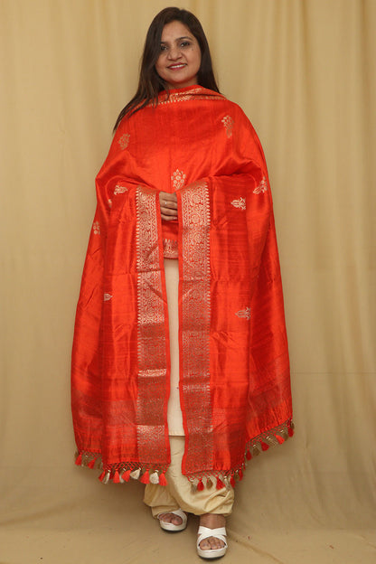 Orange Banarasi Handloom Raw Silk Dupatta - Elegant and Timeless - Luxurion World