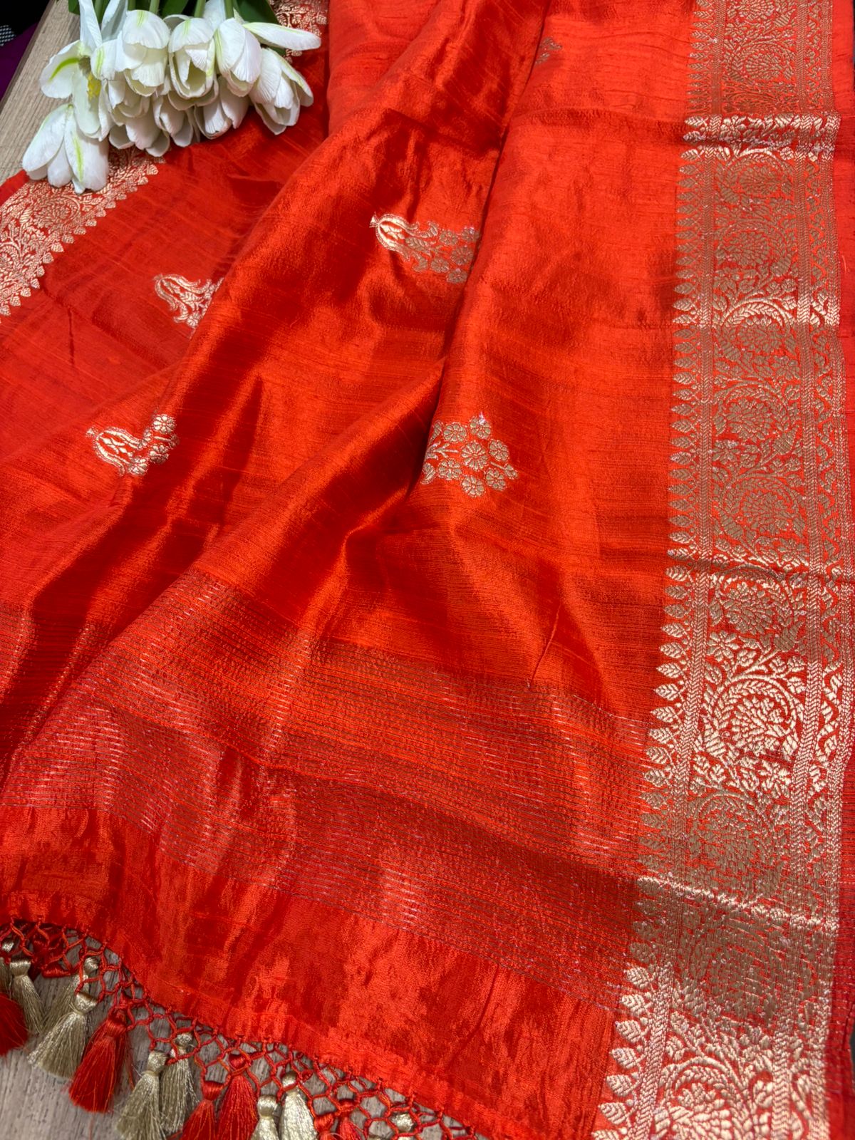 Orange Banarasi Handloom Raw Silk Dupatta - Elegant and Timeless - Luxurion World