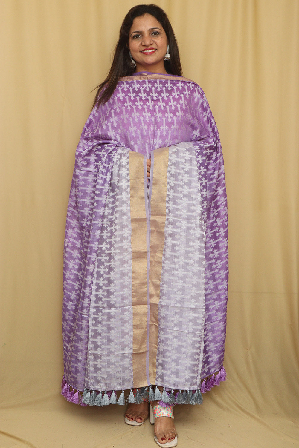 Exquisite Purple Banarasi Handloom Pure Moonga Silk Dupatta - Luxurion World- Crafted Heirlooms