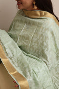 Elegant Pista Green Banarasi Handloom Pure Moonga Silk Dupatta - Luxurion World- Crafted Heirlooms