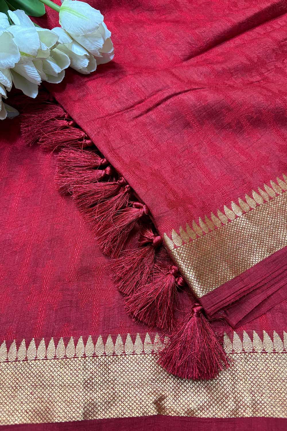 Elegant Red Banarasi Handloom Pure Moonga Silk Dupatta - Luxurion World