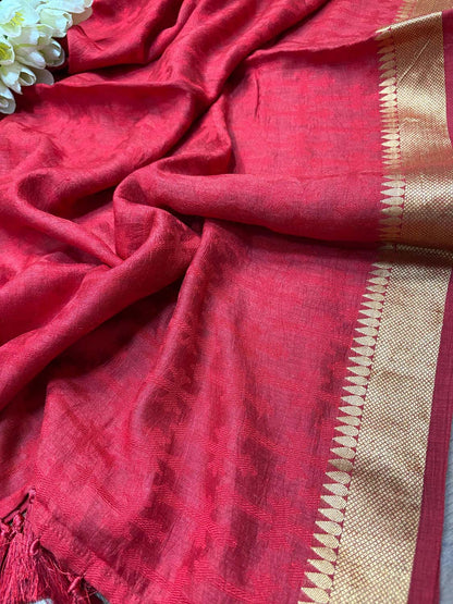 Elegant Red Banarasi Handloom Pure Moonga Silk Dupatta - Luxurion World