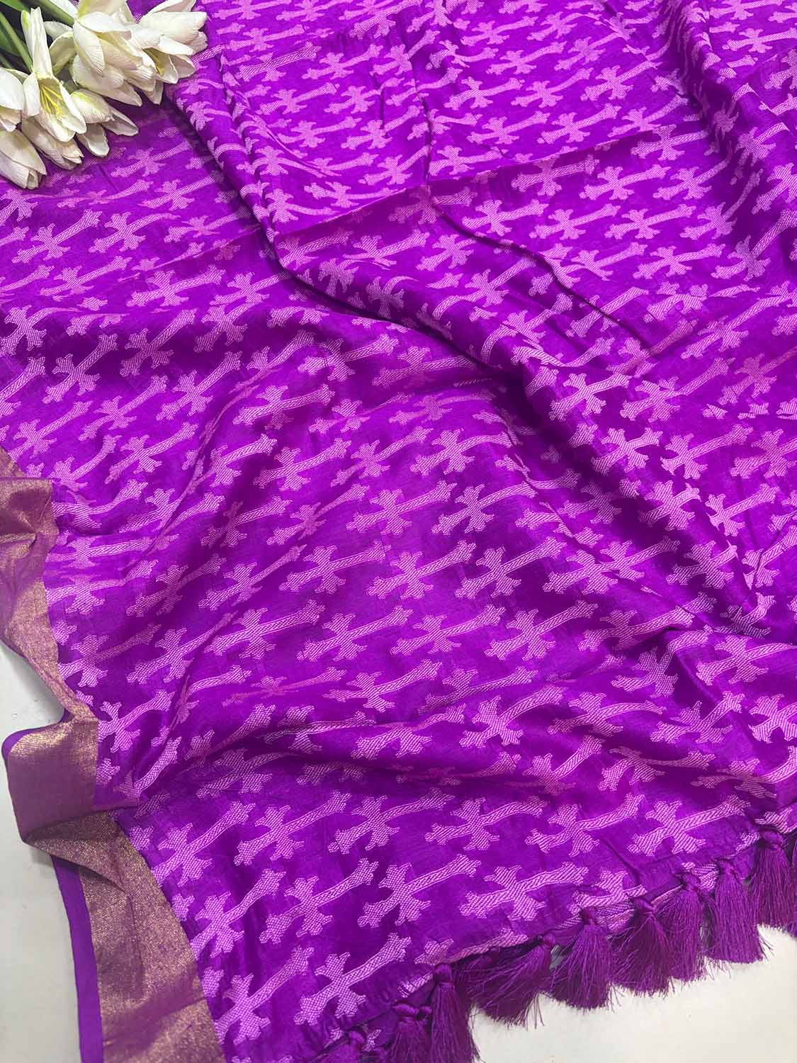 Purple Banarasi Handloom Pure Moonga Silk Dupatta - Luxurion World- Crafted Heirlooms