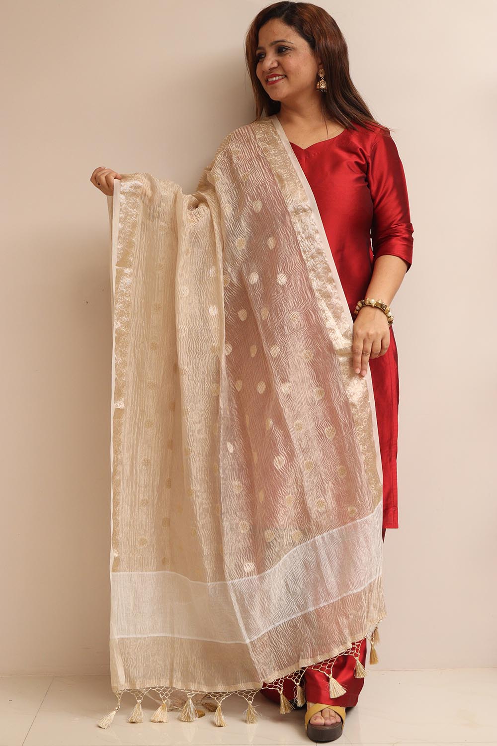 Dyeable Banarasi Handloom Tissue Silk Polka Dot Dupatta - Luxurion World- Crafted Heirlooms