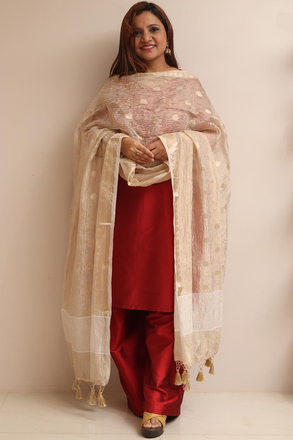 Dyeable Banarasi Handloom Tissue Silk Polka Dot Dupatta - Luxurion World- Crafted Heirlooms