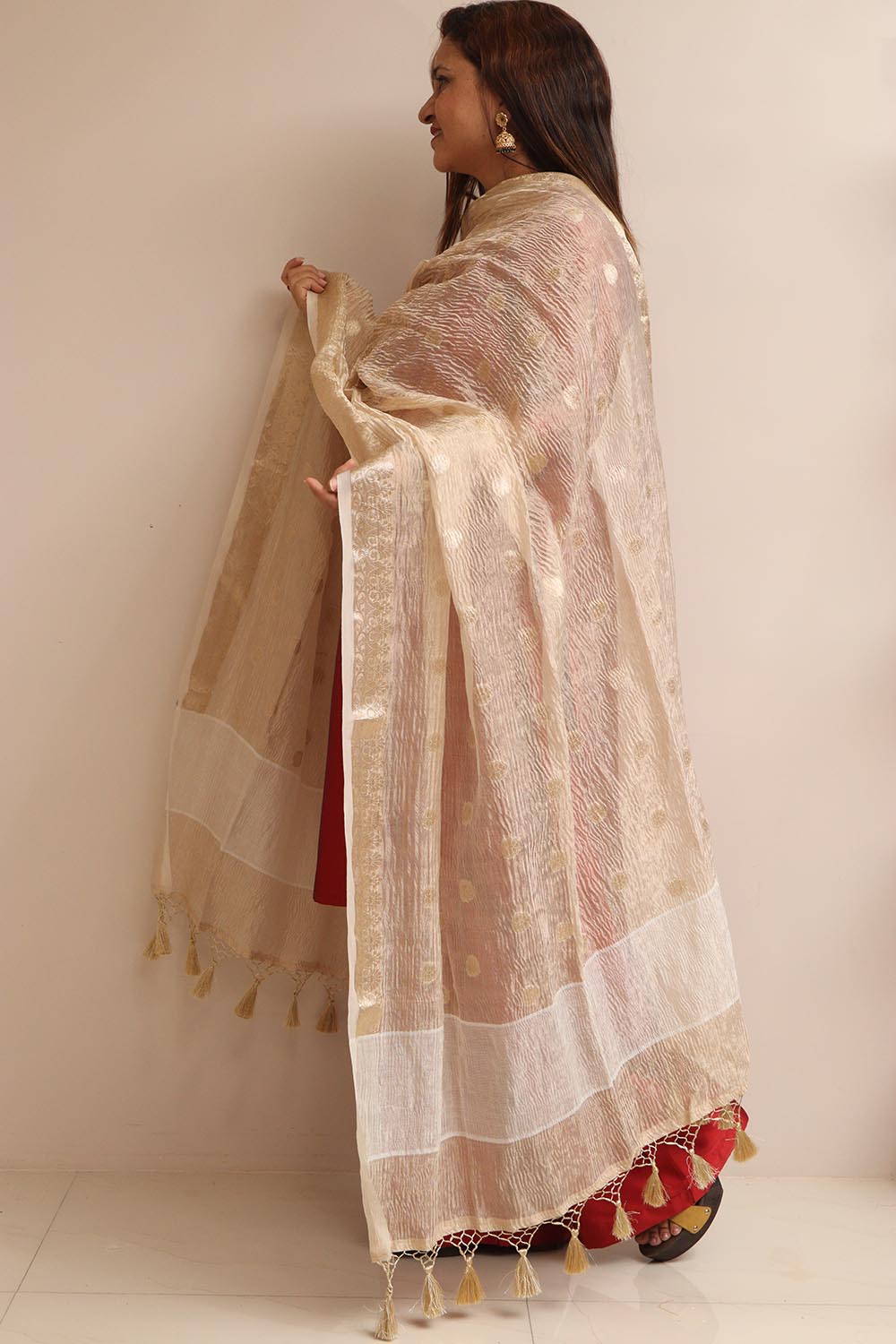 Dyeable Banarasi Handloom Tissue Silk Polka Dot Dupatta - Luxurion World- Crafted Heirlooms