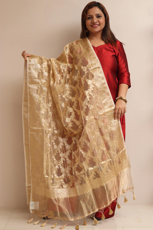 Dyeable Banarasi Handloom Pure Tissue Silk Flower Design Dupatta - Luxurion World