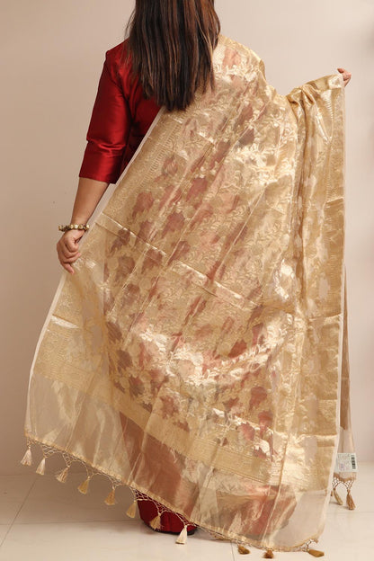 Dyeable Banarasi Handloom Pure Tissue Silk Flower Design Dupatta - Luxurion World