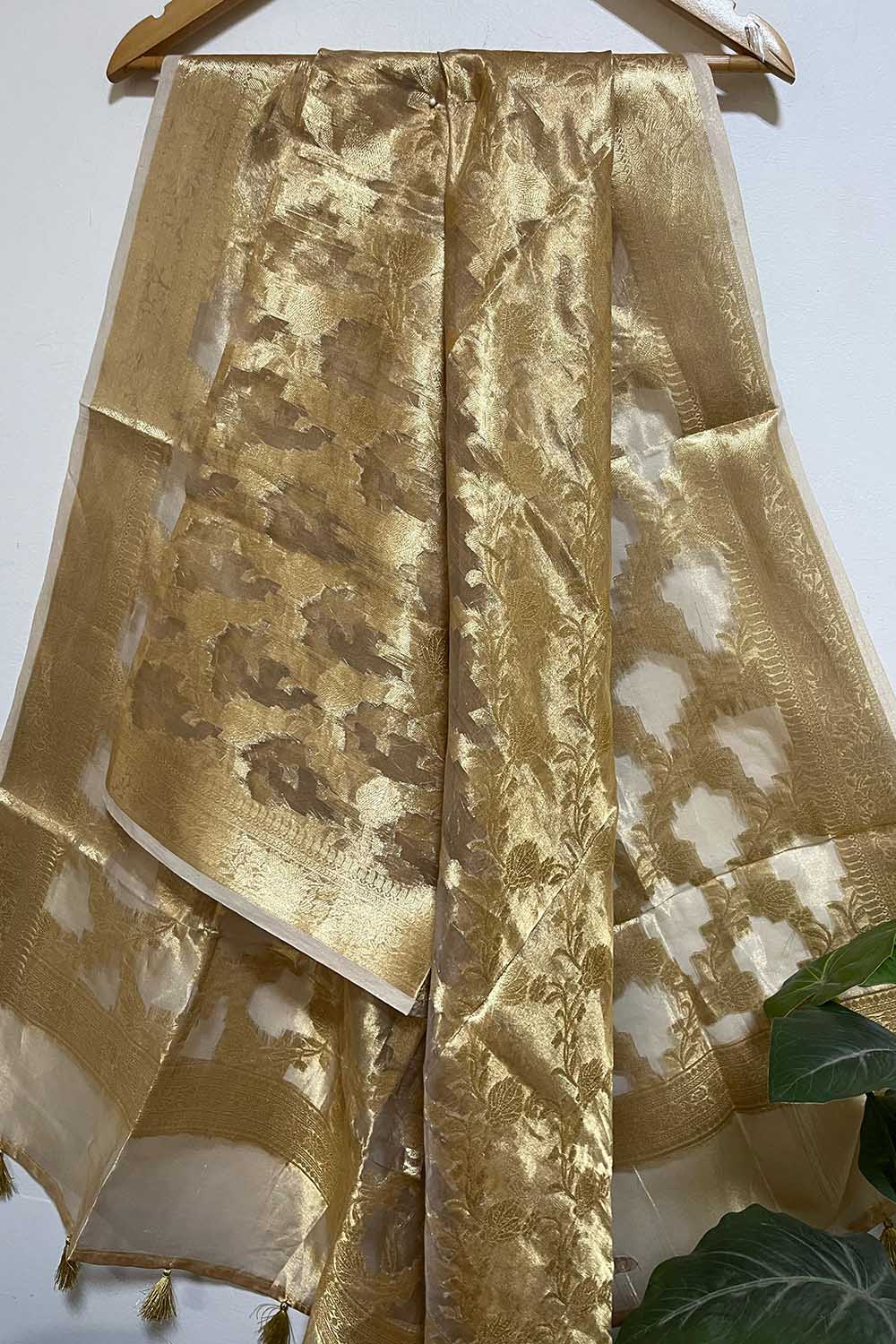 Dyeable Banarasi Handloom Pure Tissue Silk Flower Design Dupatta - Luxurion World