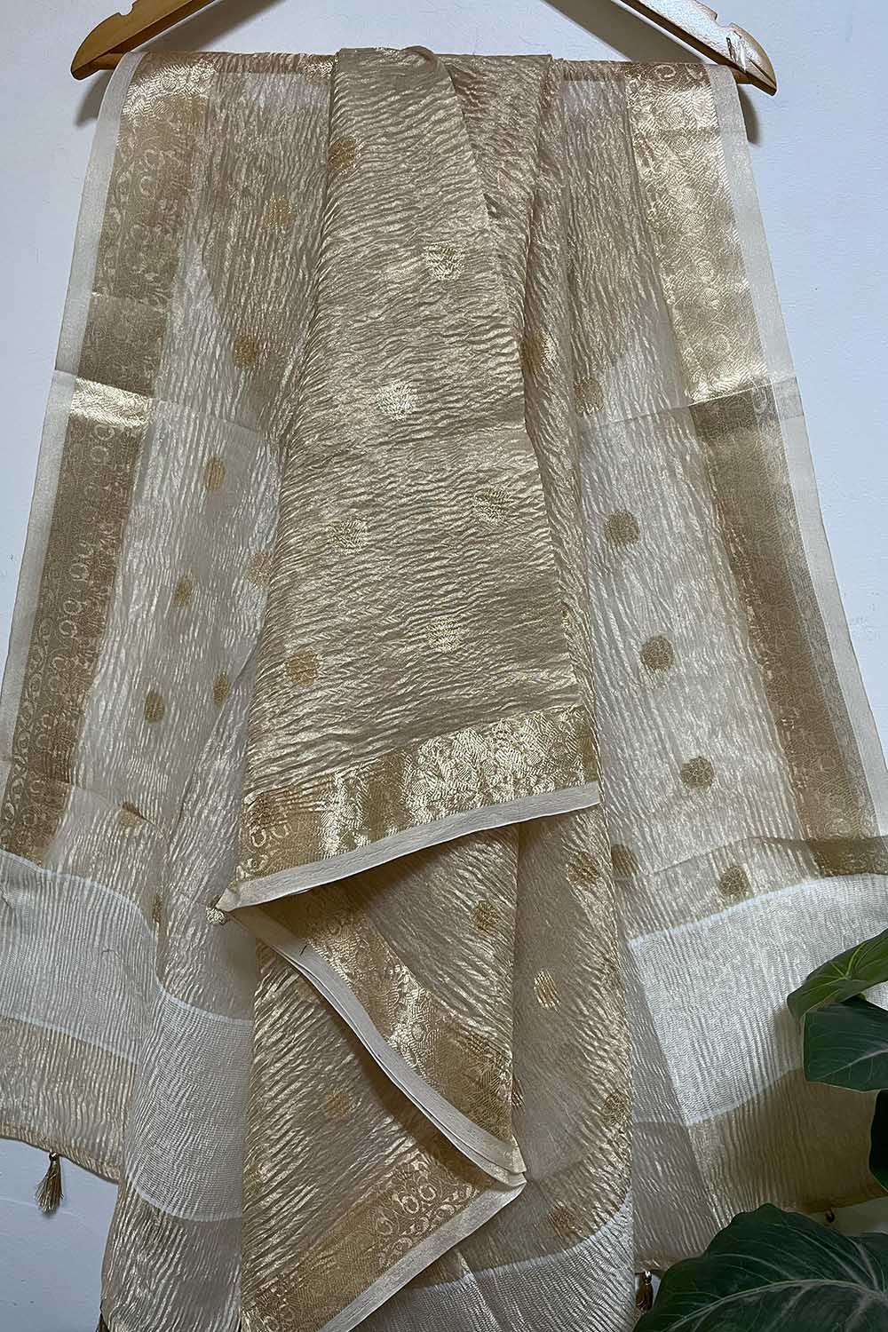 Dyeable Banarasi Handloom Pure Tissue Silk Crushed Dupatta - Luxurion World