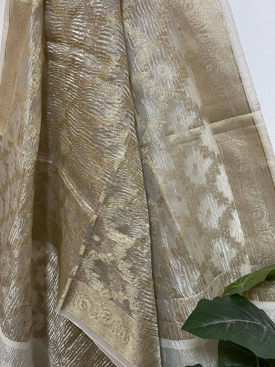 Stunning Dyeable Banarasi Tissue Silk Flower Design Dupatta - Luxurion World- Crafted Heirlooms