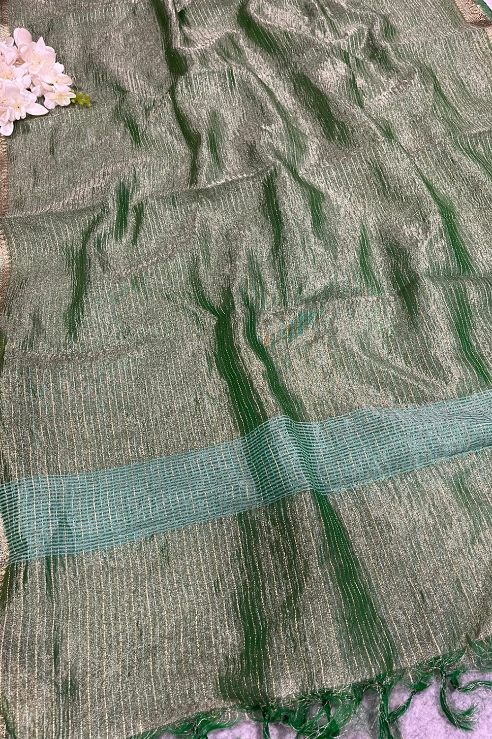 Green Banarasi Handloom Tissue Silk Crushed Dupatta ID1B1FF226100603