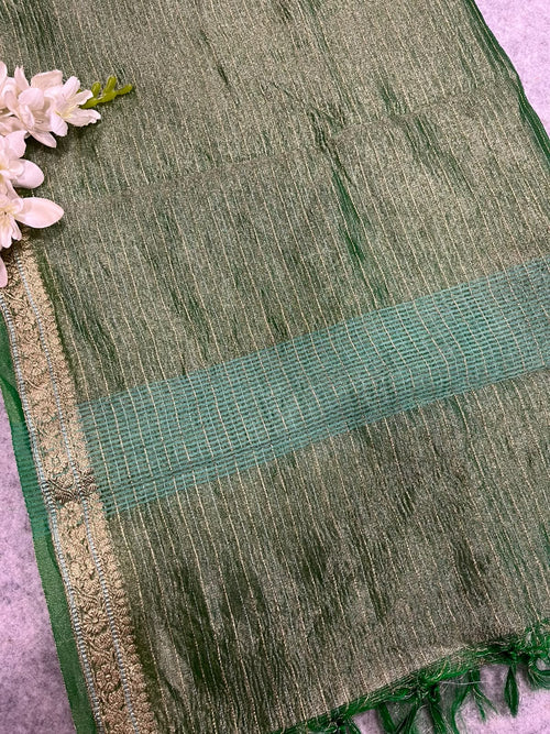 Green Banarasi Handloom Tissue Silk Crushed Dupatta ID1B1FF226100603
