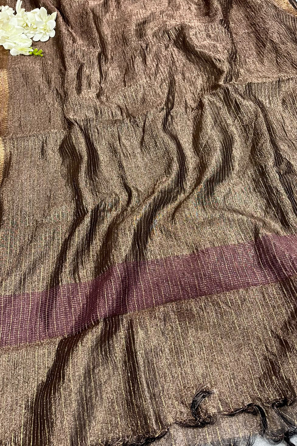 Brown Banarasi Handloom Tissue Silk Crushed Dupatta ID1B1FF226100604