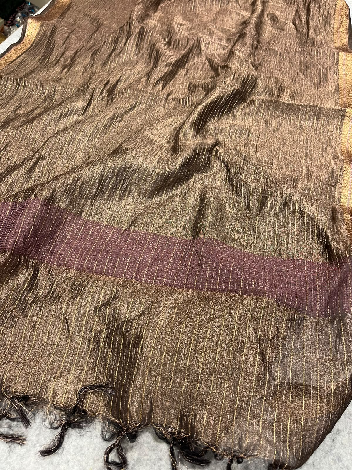 Brown Banarasi Handloom Tissue Silk Crushed Dupatta ID1B1FF226100604
