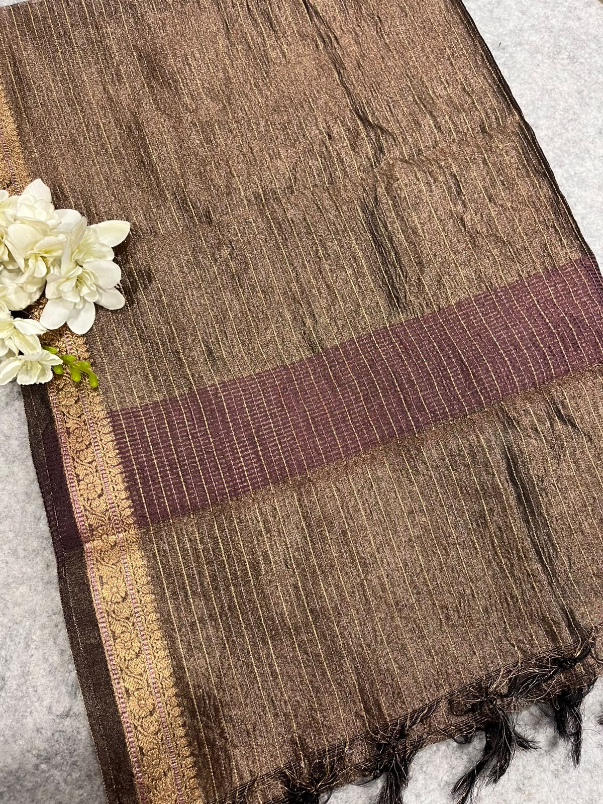 Brown Banarasi Handloom Tissue Silk Crushed Dupatta ID1B1FF226100604