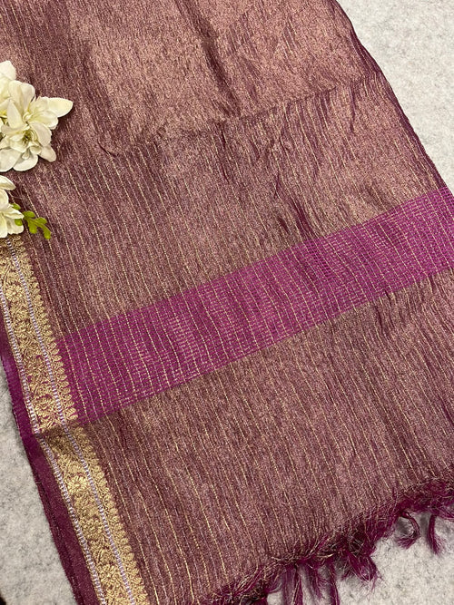 Purple Banarasi Handloom Tissue Silk Crushed Dupatta