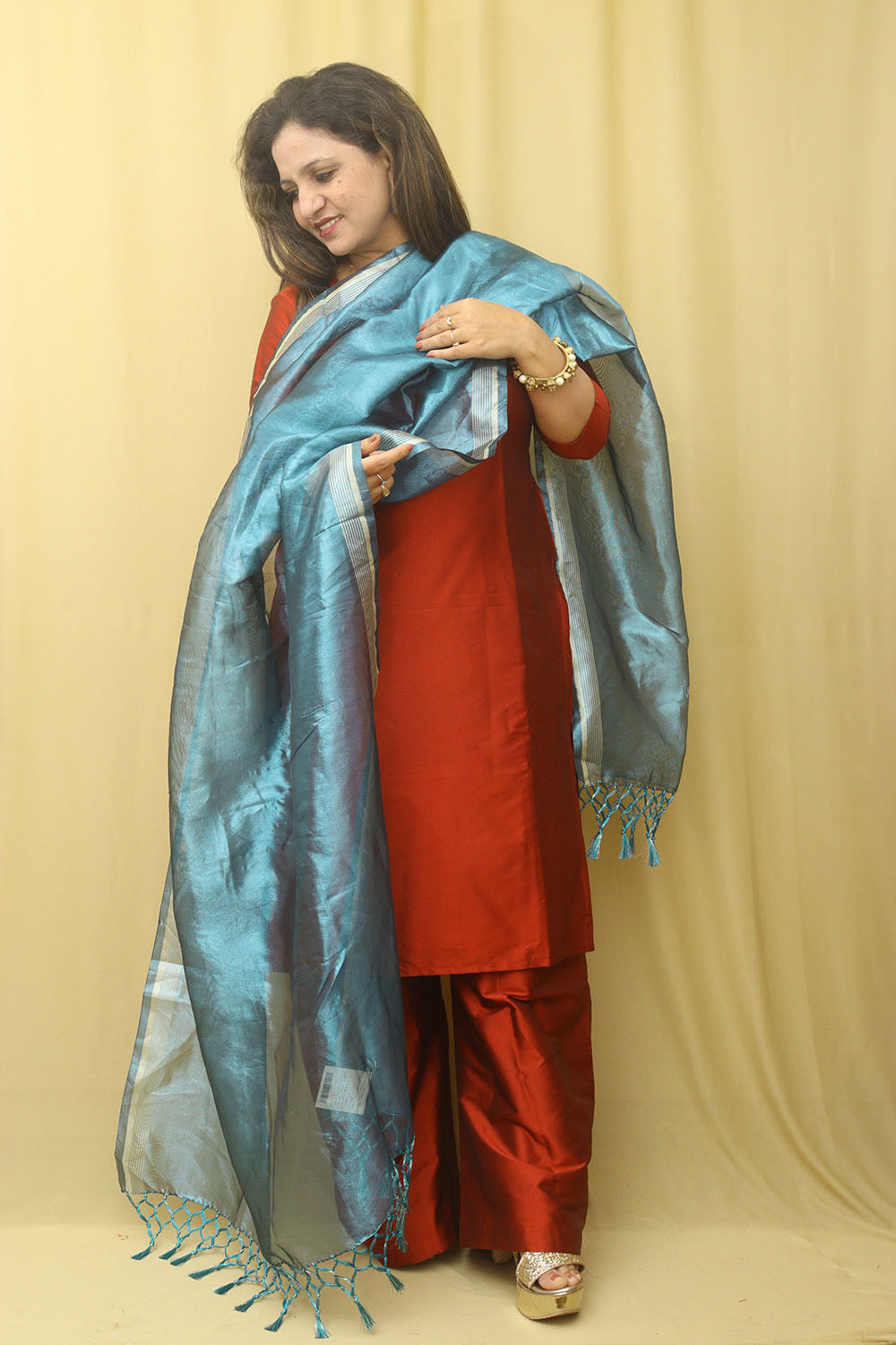 Blue Banarasi Plain Tissue Dupatta - Luxurion World