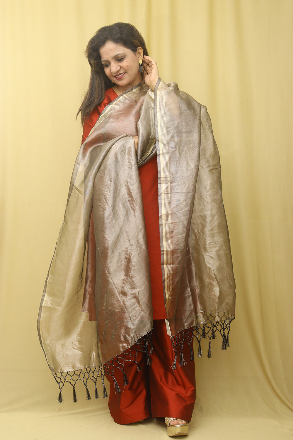 Silver Banarasi Plain Tissue Dupatta - Luxurion World