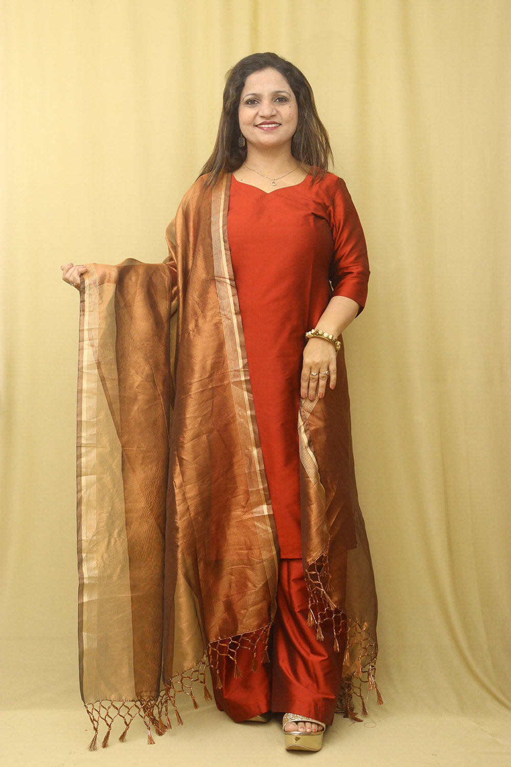 Brown Banarasi Plain Tissue Dupatta - Luxurion World