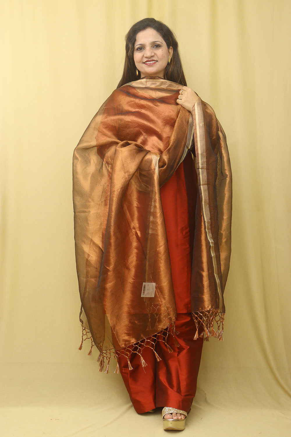Brown Banarasi Plain Tissue Dupatta - Luxurion World