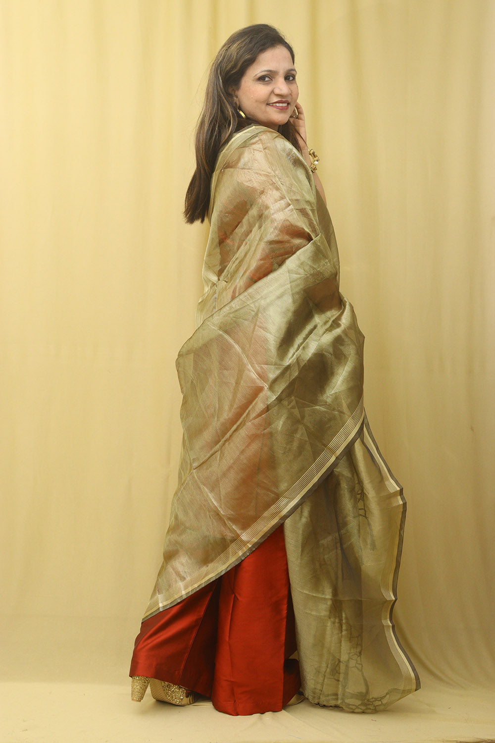 Golden Banarasi Plain Tissue Dupatta - Luxurion World
