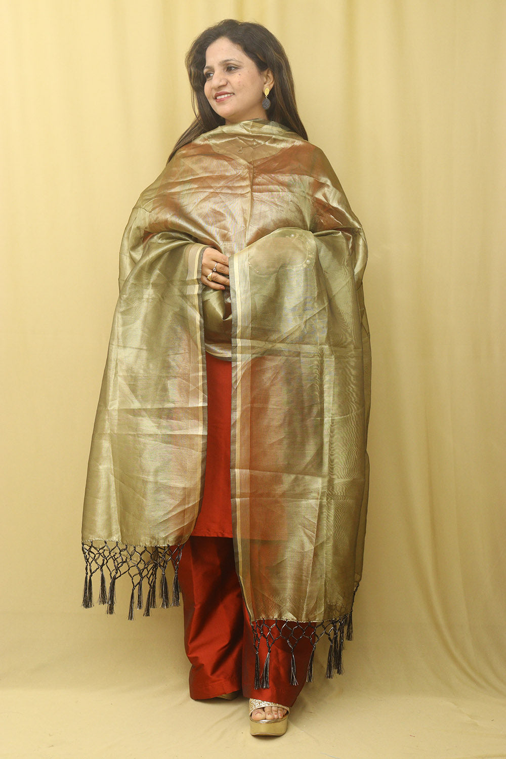 Golden Banarasi Plain Tissue Dupatta - Luxurion World