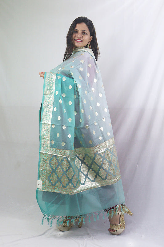 Stunning Sea Green Banarasi Organza Dupatta - Perfect for Any Occasion! - Luxurion World
