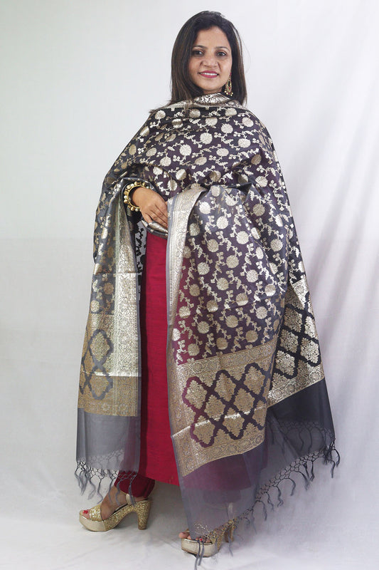 Stunning Grey Banarasi Organza Dupatta - Perfect for Any Occasion! - Luxurion World