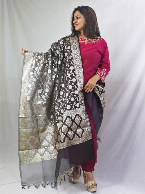 Stunning Grey Banarasi Organza Dupatta - Perfect for Any Occasion! - Luxurion World