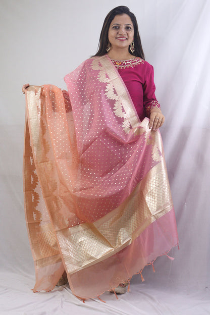 Stunning Pink Banarasi Organza Dupatta - Perfect for any Occasion