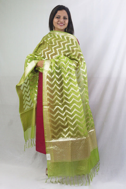 Stunning Green Banarasi Organza Dupatta - Perfect for Any Occasion! - Luxurion World