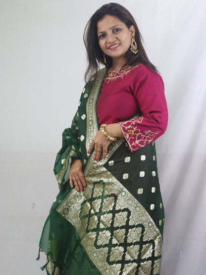 Stylish Green Banarasi Organza Dupatta - Perfect for Any Occasion! - Luxurion World
