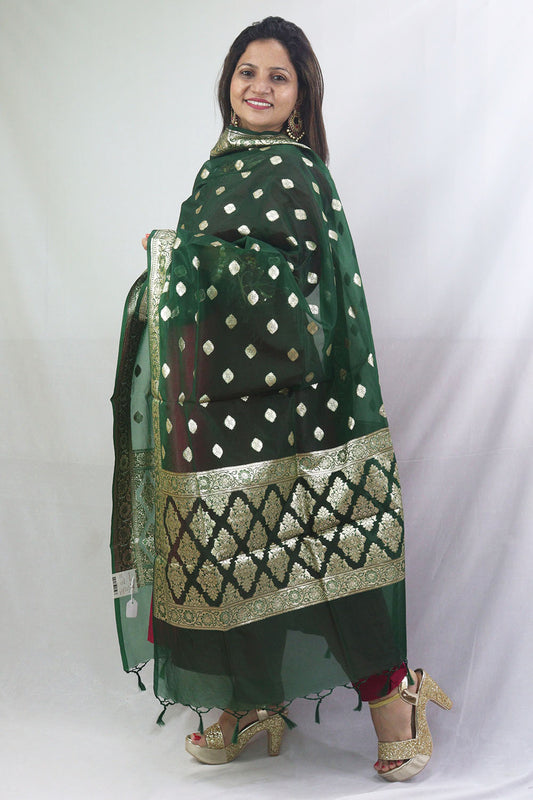 Stylish Green Banarasi Organza Dupatta - Perfect for Any Occasion! - Luxurion World