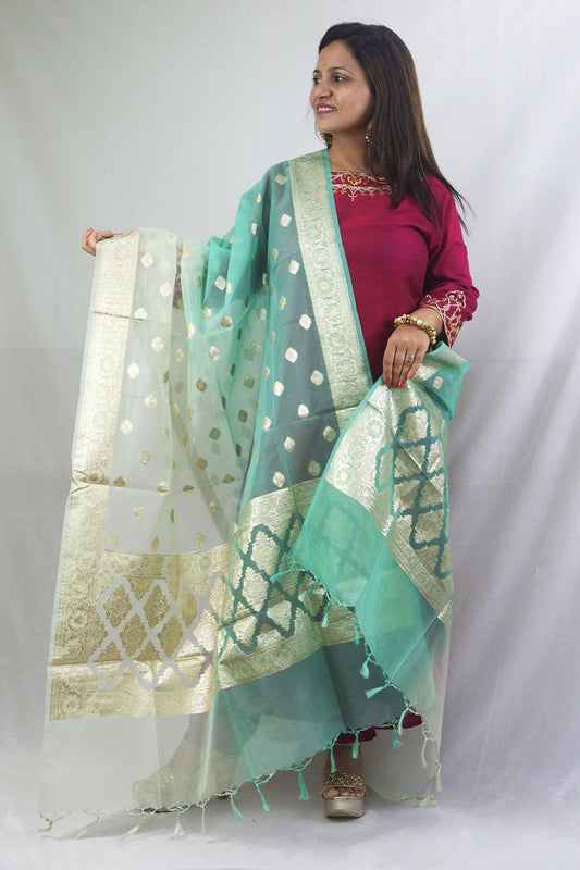 Stunning Sea Blue Banarasi Organza Dupatta - Perfect for Any Occasion! - Luxurion World