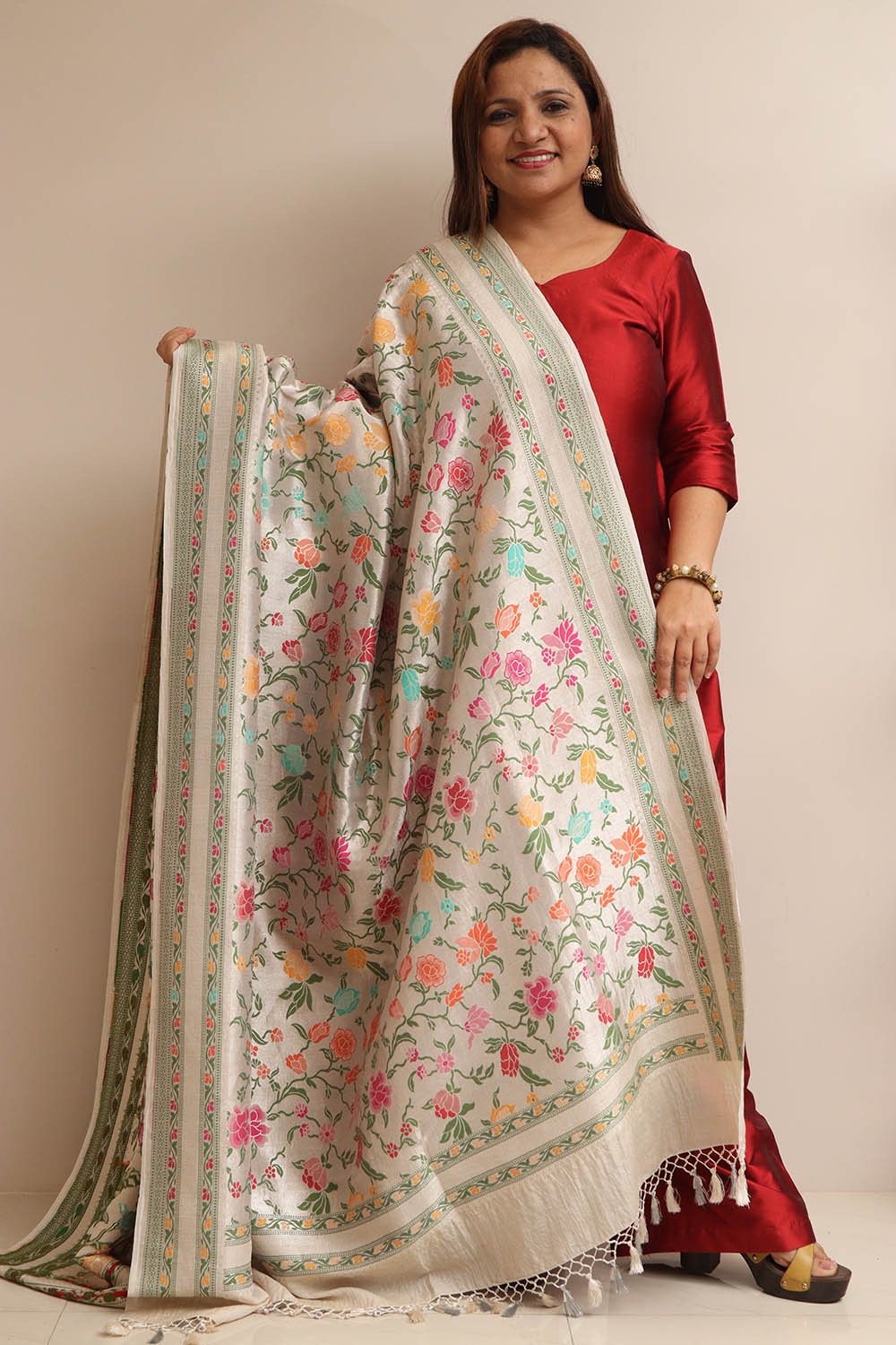 Exquisite Dyeable Banarasi Handloom Brocade Meenakari Pure Tussar Silk Dupatta - Luxurion World- Crafted Heirlooms