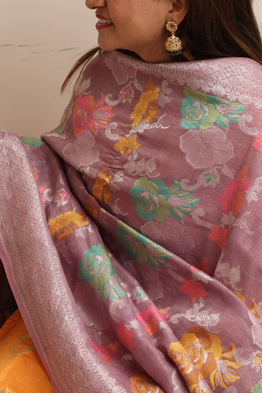 Beautiful Pink Banarasi Handloom Tussar Silk Meenakari Dupatta - Luxurion World