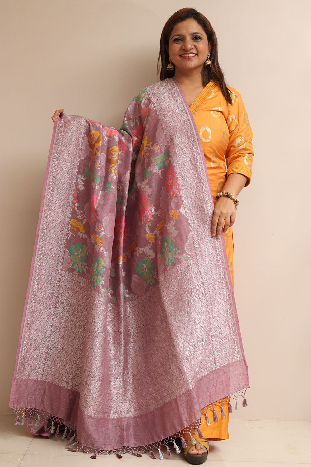 Beautiful Pink Banarasi Handloom Tussar Silk Meenakari Dupatta - Luxurion World- Crafted Heirlooms
