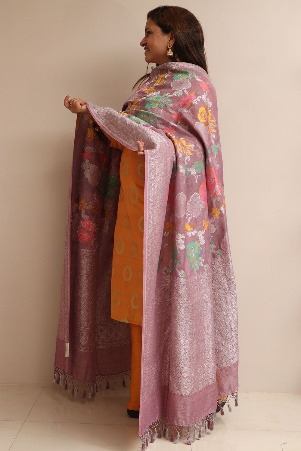 Beautiful Pink Banarasi Handloom Tussar Silk Meenakari Dupatta - Luxurion World- Crafted Heirlooms