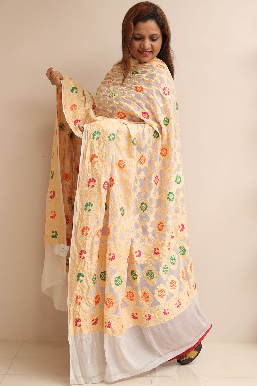 Dyeable Meenakari Flower Design Banarasi Pure Georgette Dupatta - Luxurion World- Crafted Heirlooms